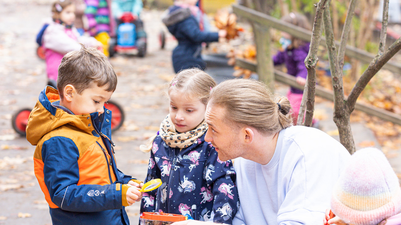 Kindern sind mit Erzieher draußen und betrachten Tannenzapfen mit Hilfe eine Lupe.