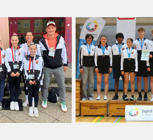 Links: Die Mädchen der IGS Mainz-Bretzenheim gewannen Silber im Geräteturnen. Rechts: Das Team des Heinrich-Heine-Gymnasiums gewann Bronze im Badminton