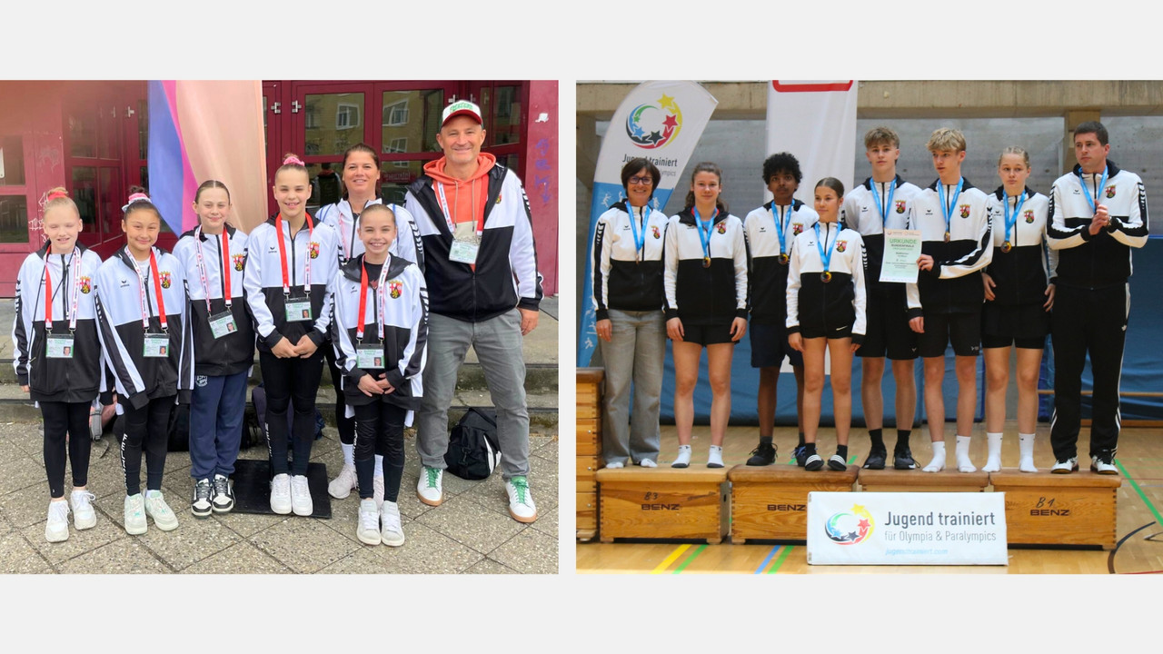 Links: Die Mädchen der IGS Mainz-Bretzenheim gewannen Silber im Geräteturnen. Rechts: Das Team des Heinrich-Heine-Gymnasiums gewann Bronze im Badminton