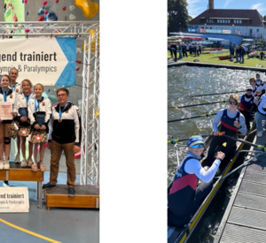 links: Das Team des Heinrich-Heine-Gymnasiums Kaiserslautern gewinnt Gold im Sportklettern. rechts: Die Jungen-Mannschaft des Willigis-Gymnasium Mainz gewinnt Silber im Rudern. 