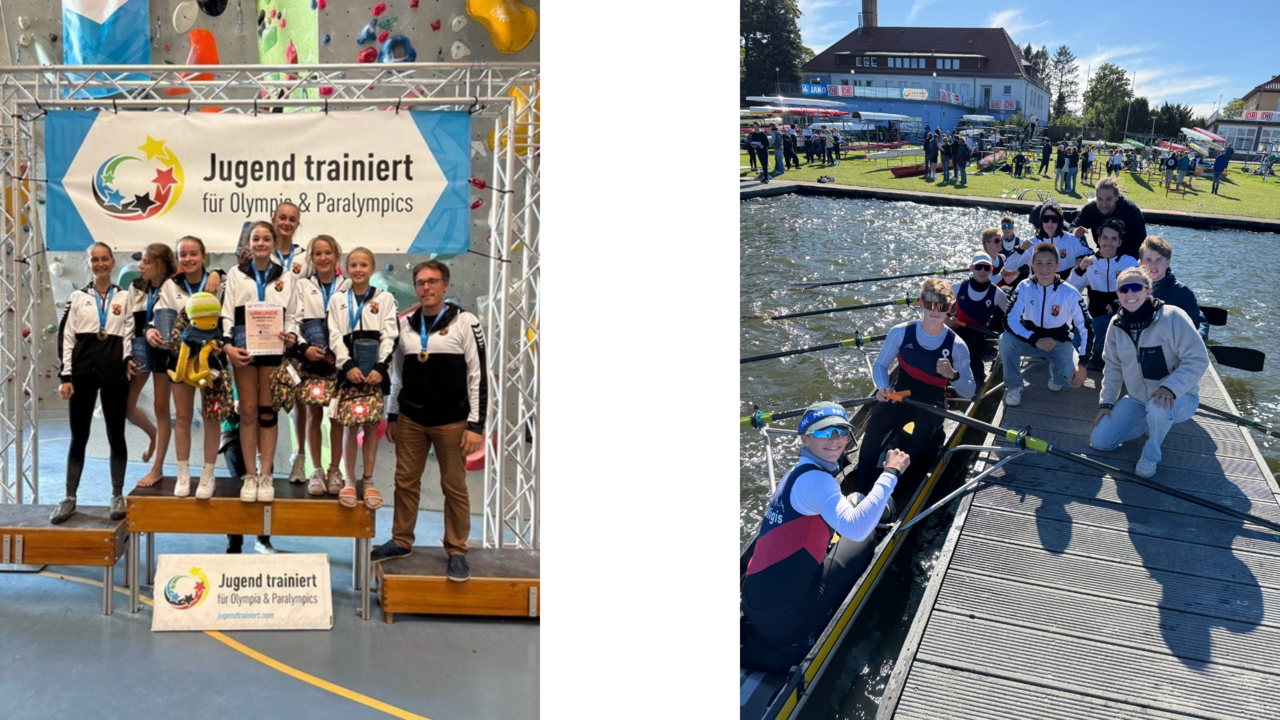 links: Das Team des Heinrich-Heine-Gymnasiums Kaiserslautern gewinnt Gold im Sportklettern. rechts: Die Jungen-Mannschaft des Willigis-Gymnasium Mainz gewinnt Silber im Rudern. 